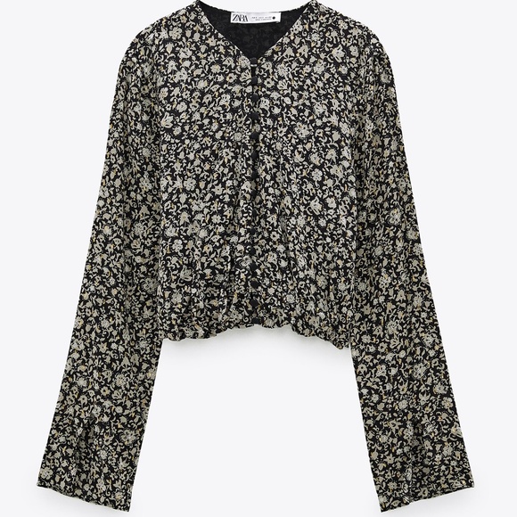 Zara Floral Long Sleeve Button up Crop Blouse - Small - Picture 8 of 8